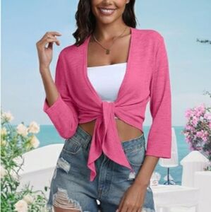 Tie Front Shrug 3/4 Sleeve Bolero Cardigan Casual Top Pink New